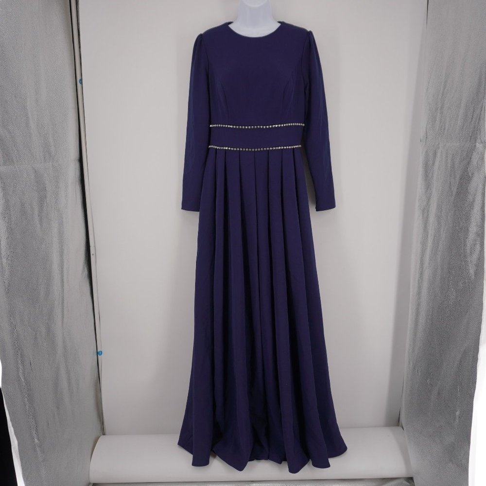 Mac Duggal Women's NWT Ieena Midnight Blue A-Line Rhinestone Waist Evening Gown